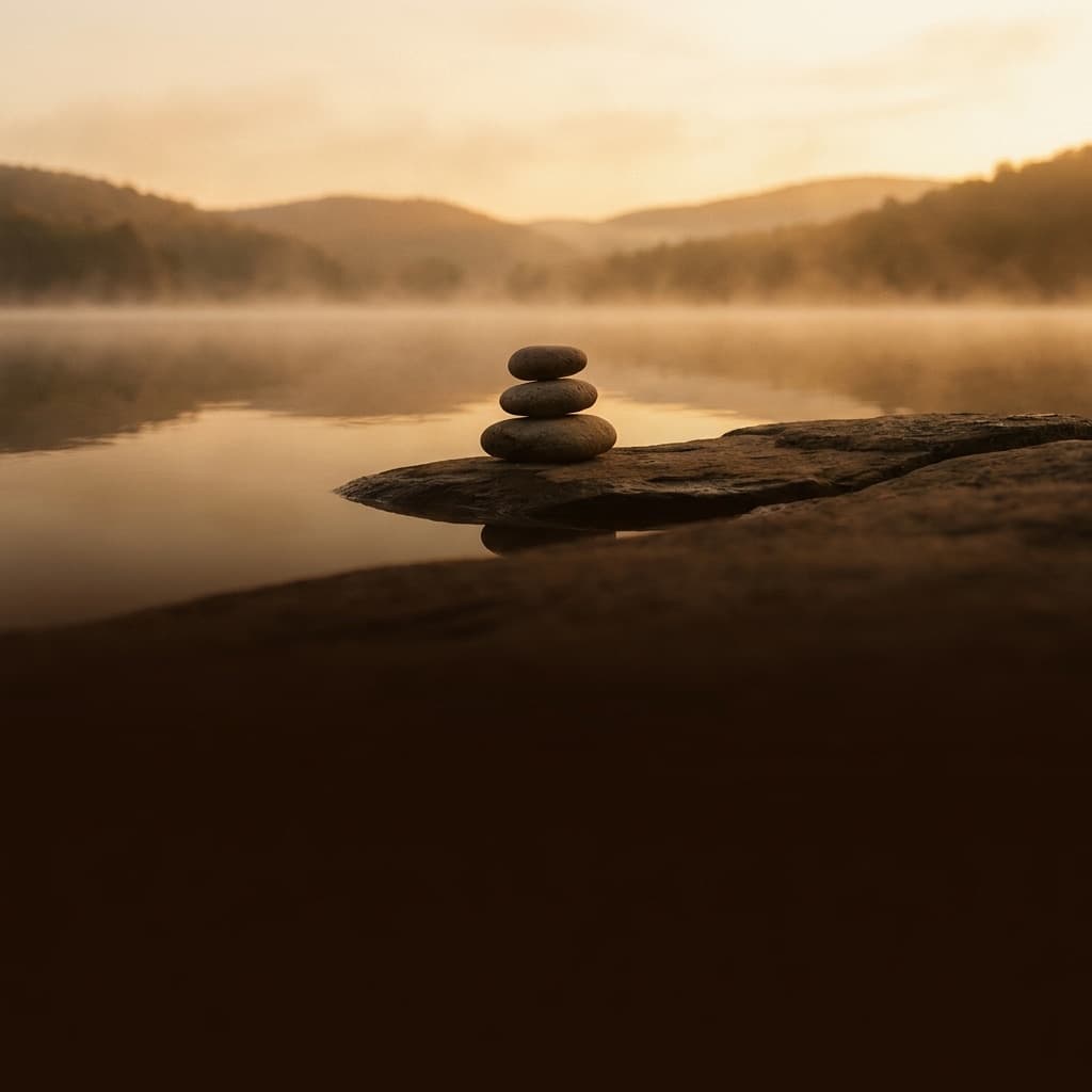 Sassi in equilibrio sulla riva di un lago avvolto dalla nebbia all'alba