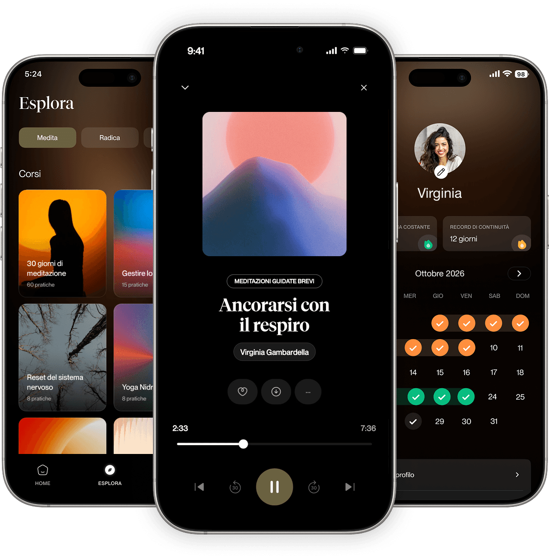 Anapana meditation app interface showing three iPhone screens - explore page with meditation courses, main dashboard with 30-day meditation program, and user profile with meditation streak calendar
